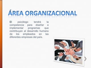 El     psicólogo     tendrá     la
competencia para diseñar e
implementar     programas     que
contribuyan al desarrollo humano
de los empleados en las
diferentes empresas del país.
 