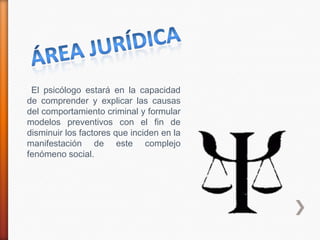 El psicólogo estará en la capacidad
de comprender y explicar las causas
del comportamiento criminal y formular
modelos preventivos con el fin de
disminuir los factores que inciden en la
manifestación de este complejo
fenómeno social.
 