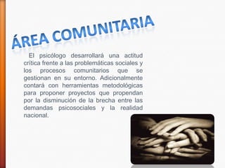 El psicólogo desarrollará una actitud
crítica frente a las problemáticas sociales y
los procesos comunitarios que se
gestionan en su entorno. Adicionalmente
contará con herramientas metodológicas
para proponer proyectos que propendan
por la disminución de la brecha entre las
demandas psicosociales y la realidad
nacional.
 