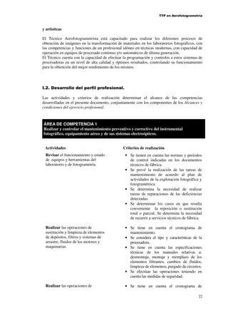 TTP en Aerofotogrametría

y artísticas
El Técnico Aerofotogrametrísta está capacitado para realizar los diferentes procesos de
obtención de imágenes en la transformación de materiales en los laboratorios fotográficos, con
las competencias y funciones de un profesional idóneo en técnicas modernas, con capacidad de
operación en equipos de procesado continuo y/o automáticos de última generación.
El Técnico cuenta con la capacidad de efectuar la programación y controles a estos sistemas de
procesadoras en un nivel de alta calidad y óptimos resultados, controlando su funcionamiento
para la obtención del mejor rendimiento de los mismos.

I.2. Desarrollo del perfil profesional.
Las actividades y criterios de realización determinan el alcance de las competencias
desarrolladas en el presente documento, conjuntamente con los componentes de los Alcances y
condiciones del ejercicio profesional.

ÁREA DE COMPETENCIA 1
Realizar y controlar el mantenimiento preventivo y correctivo del instrumental
fotográfico, equipamiento aéreo y de sus sistemas electroópticos.
Actividades

Criterios de realización

Revisar el funcionamiento y estado
de equipos y herramientas del
laboratorio y de fotogrametría.

• Se tienen en cuenta las normas y períodos
de control indicadas en los documentos
técnicos de fábrica.
• Se prevé la realización de las tareas de
mantenimiento de acuerdo al plan de
actividades de la explotación fotográfica y
fotogramétrica.
• Se determina la necesidad de realizar
tareas de reparaciones de las deficiencias
detectadas.
• Se determinan los casos en que resulta
conveniente la reposición o sustitución
total o parcial. Se determina la necesidad
de recurrir a servicios técnicos de fábrica.

Realizar las operaciones de
sustitución y limpieza de elementos
de depósitos, filtros y sistemas de
arrastre, fluidos de los motores y
maquinarias.

• Se tiene en cuenta el cronograma de
mantenimiento.
• Se considera el tipo y características de la
procesadora.
• Se tiene en cuenta las especificaciones
técnicas de los manuales relativas a:
desmontaje, montaje y reemplazo de los
elementos filtrantes, cambios de fluidos,
limpieza de elementos, purgado de circuitos.
• Se efectúan las operaciones teniendo en
cuenta las medidas de seguridad.

Realizar las operaciones de
mantenimiento y reposición de

• Se tiene en cuenta el cronograma de
22

 