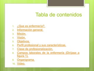 Tabla de contenidos
1. ¿Que es enfermería?.
2. Información general.
3. Misión.
4. Visión.
5. Objetivos.
6. Perfil profesional y sus características.
7. Clase de profesionalización.
8. Campos laborales de la enfermería (Diríjase a
figura 1).
9. Organigrama.
10. Video.
 