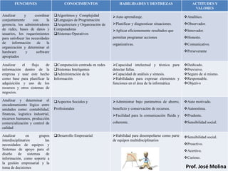 FUNCIONES                       CONOCIMIENTOS                   HABILIDADES Y DESTREZAS                     ACTITUDES Y
                                                                                                                     VALORES
Analizar       y      coordinar   Algoritmos y Complejidad         Auto aprendizaje.                         Analítico.
conjuntamente        con     la   Lenguajes de Programación
gerencia, los administradores     Arquitectura y Organización de   Planificar y diagnosticar situaciones.    Observador.
de redes, bases de datos y        Computadoras                      Aplicar eficientemente resultados que     Innovador.
usuarios, los requerimientos      Sistemas Operativos
para satisfacer las necesidades                                     permitan programar acciones                Honesto.
de    información      de    la                                     organizativas.                             Comunicativo.
organización y determinar el
hardware        y      software                                                                                Perseverante
apropiados

Analizar    el    flujo   de      Computación centrada en redes    Capacidad intelectual y técnica para      Dedicado.
información dentro de la          Sistemas Inteligentes            detectar fallas.                           Previsivo.
empresa y usar este hecho         Administración de la             Capacidad de análisis y síntesis.         Seguro de sí mismo.
como base para planificar la      Información                       Habilidades para expresar elementos y     Responsable.
adquisición y uso de los                                            funciones en el área de la informática     Objetivo
recursos y otros sistemas de
negocios.

Analizar y determinar el          Aspectos Sociales y              Administrar bajo parámetros de ahorro,    Auto motivado.
encadenamiento lógico entre
unidades como: contabilidad,      Profesionales                     beneficio y conservación de recursos.      Autoestima.
finanzas, logística industrial,                                     Facilidad para la comunicación fluida y   Prudente.
recursos humanos, producción
comercialización y control de                                       coherente.                                 Sensibilidad social.
calidad

Analizar        en    grupos      Desarrollo Empresarial           Habilidad para desempeñarse como parte    Sensibilidad social.
interdisciplinarios       las                                       de equipos multidisciplinarios
necesidades de equipos y                                                                                       Proactivo.
Sistemas de apoyo para el                                                                                      Acertivo.
diseño de sistemas         de
información, como soporte a                                                                                    Curioso.
la gestión empresarial y la
toma de decisiones                                                                                              Prof. José Molina
 