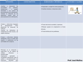 FUNCIONES                  CONOCIMIENTOS         HABILIDADES Y DESTREZAS                ACTITUDES Y VALORES


Analizar y determinar las                           Emprender y cumplir las metas propuestas.
necesidades    de       ambiente,
instalaciones       y    equipos                    Analizar sistemas o situaciones reales.
destinados a los centros de
procesamiento de la información.
Analizar la eficiencia de los
algoritmos usados para el
procesamiento de la información.




Evaluar y seleccionar lenguajes                     Tomar decisiones acertadas y oportunas.
de      programación        como
plataforma de desarrollo de                         Manejar equipos de computación en forma
software.                                           eficiente.
Analizar los indicadores de
rendimiento de redes locales y de                   Visión holística de los problemas
amplia cobertura.


Evaluar y seleccionar sistemas
inteligentes como un medio para
mejorar el rendimiento de las
actividades de la empresa.




Participar en la evaluación y
supervisión de los índices de
calidad,       eficiencia       y
productividad
empresarial,     aportando      y
recopilando información, para su
análisis y retroalimentación con
soluciones     eficientes    para                                                                Prof. José Molina
 