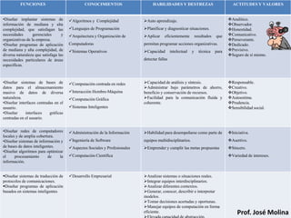 FUNCIONES                            CONOCIMIENTOS                     HABILIDADES Y DESTREZAS                              ACTITUDES Y VALORES


•Diseñar implantar sistemas de         Algoritmos y Complejidad            Auto aprendizaje.                                      Analítico.
información de mediana y alta                                                                                                       Observador.
complejidad, que satisfagan las        Lenguajes de Programación           Planificar y diagnosticar situaciones.                 Honestidad.
necesidades       gerenciales      y   Arquitectura y Organización de      Aplicar     eficientemente         resultados   que    Comunicativo.
organizativas de la empresa.                                                                                                        Perseverante.
•Diseñar programas de aplicación       Computadoras                         permitan programar acciones organizativas.              Dedicado.
de mediana y alta complejidad, de      Sistemas Operativos                 Capacidad        intelectual   y     técnica    para   Previsivo.
diversa naturaleza que satisfaga las                                                                                                Seguro de sí mismo.
necesidades particulares de áreas                                           detectar fallas
específicas.



•Diseñar sistemas de bases de          Computación centrada en redes       Capacidad de análisis y síntesis.                      Responsable.
datos para el almacenamiento                                                Administrar bajo parámetros de ahorro,                 Creativo.
masivo de datos de diversa             Interacción Hombre-Máquina          beneficio y conservación de recursos.                   Objetivo.
naturaleza.                            Computación Gráfica                 Facilidad para la comunicación fluida y                Autoestima.
•Diseñar interfaces centradas en el                                         coherente.                                              Prudencia.
usuario.                               Sistemas Inteligentes                                                                       Sensibilidad social.
•Diseñar     interfaces    gráficas
centradas en el usuario.


•Diseñar redes de computadores         Administración de la Información    Habilidad para desempeñarse como parte de              Iniciativa.
locales y de amplia cobertura.
•Diseñar sistemas de información y     Ingeniería de Software              equipos multidisciplinarios.                            Asertivo.
de bases de datos inteligentes.        Aspectos Sociales y Profesionales   Emprender y cumplir las metas propuestas               Sincero.
•Diseñar algoritmos para optimizar
el     procesamiento       de   la     Computación Científica                                                                      Variedad de intereses.
información.


Diseñar sistemas de traducción de     Desarrollo Empresarial              Analizar sistemas o situaciones reales.
protocolos de comunicaciones.                                               Integrar equipos interdisciplinarios.
Diseñar programas de aplicación                                            Analizar diferentes contextos.
basados en sistemas inteligentes                                            Generar, conocer, describir e interpretar
                                                                            modelos.
                                                                            Tomar decisiones acertadas y oportunas.
                                                                            Manejar equipos de computación en forma
                                                                            eficiente.                                                   Prof. José Molina
 