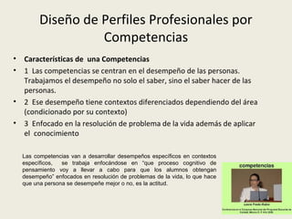 Diseño de Perfiles Profesionales por
Competencias
• Características de una Competencias
• 1 Las competencias se centran en el desempeño de las personas.
Trabajamos el desempeño no solo el saber, sino el saber hacer de las
personas.
• 2 Ese desempeño tiene contextos diferenciados dependiendo del área
(condicionado por su contexto)
• 3 Enfocado en la resolución de problema de la vida además de aplicar
el conocimiento
Las competencias van a desarrollar desempeños específicos en contextos
específicos, se trabaja enfocándose en “que proceso cognitivo de
pensamiento voy a llevar a cabo para que los alumnos obtengan
desempeño” enfocados en resolución de problemas de la vida, lo que hace
que una persona se desempeñe mejor o no, es la actitud.
 
