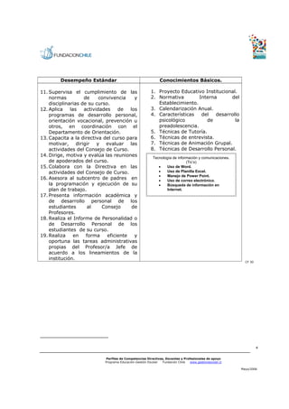 Desempeño Estándar                                   Conocimientos Básicos.

11. Supervisa el cumplimiento de las                    1. Proyecto Educativo Institucional.
    normas          de     convivencia    y             2. Normativa        Interna      del
    disciplinarias de su curso.                            Establecimiento.
12. Aplica    las   actividades    de   los             3. Calendarización Anual.
    programas de desarrollo personal,                   4. Características   del   desarrollo
    orientación vocacional, prevención u                   psicológico          de         la
    otros, en coordinación con el                          preadolescencia.
    Departamento de Orientación.                        5. Técnicas de Tutoría.
13. Capacita a la directiva del curso para              6. Técnicas de entrevista.
    motivar, dirigir y evaluar las                      7. Técnicas de Animación Grupal.
    actividades del Consejo de Curso.                   8. Técnicas de Desarrollo Personal.
14. Dirige, motiva y evalúa las reuniones                Tecnología de información y comunicaciones.
    de apoderados del curso.                                                (Tic’s)
15. Colabora con la Directiva en las                        •    Uso de Word.
    actividades del Consejo de Curso.                       •    Uso de Planilla Excel.
                                                            •    Manejo de Power Point.
16. Asesora al subcentro de padres en                       •    Uso de correo electrónico.
    la programación y ejecución de su                       •    Búsqueda de información en
    plan de trabajo.                                             Internet.
17. Presenta información académica y
    de desarrollo personal de los
    estudiantes       al    Consejo      de
    Profesores.
18. Realiza el Informe de Personalidad o
    de Desarrollo Personal de los
    estudiantes de su curso.
19. Realiza     en   forma    eficiente   y
    oportuna las tareas administrativas
    propias del Profesor/a Jefe de
    acuerdo a los lineamientos de la
    institución.
                                                                                                          CF 30




                                                                                                                  4


                            Perfiles de Competencias Directivas, Docentes y Profesionales de apoyo
                            Programa Educación-Gestión Escolar Fundación Chile  www.gestionescolar.cl

                                                                                                        Mayo/2006
 