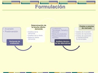 • Inversión
• Postinversión
Horizonte de
evaluación
• Análisis de la
demanda
• Análisis de la oferta
• Balance oferta-
demanda
Determinación de
la brecha oferta–
demanda • Localización,
Tecnología, Tamaño y
Momento
• Metas de productos
• Requerimientos de
recursos
Análisis técnico
de las alternativas
• Costos de inversión
• Costos de reposición
• Costos de operación
y mantenimiento
incrementales
Costos a precios
de mercado
Formulación
 