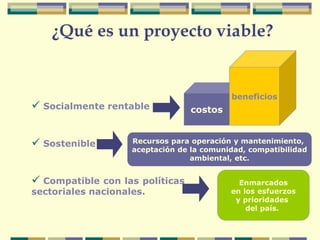 ¿Qué es un proyecto viable?
 Socialmente rentable
 Sostenible
 Compatible con las políticas
sectoriales nacionales.
costos
beneficios
Recursos para operación y mantenimiento,
aceptación de la comunidad, compatibilidad
ambiental, etc.
Enmarcados
en los esfuerzos
y prioridades
del país.
 