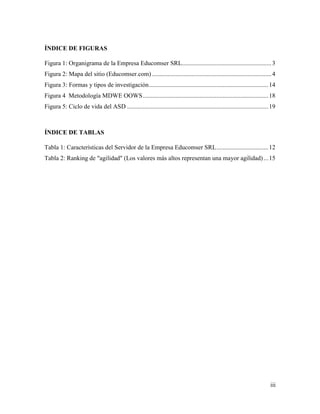 iii
ÍNDICE DE FIGURAS
Figura 1: Organigrama de la Empresa Educomser SRL.........................................................3
Figura 2: Mapa del sitio (Educomser.com) ............................................................................4
Figura 3: Formas y tipos de investigación............................................................................14
Figura 4 Metodología MDWE OOWS................................................................................18
Figura 5: Ciclo de vida del ASD ..........................................................................................19
ÍNDICE DE TABLAS
Tabla 1: Características del Servidor de la Empresa Educomser SRL.................................12
Tabla 2: Ranking de "agilidad" (Los valores más altos representan una mayor agilidad)...15
 