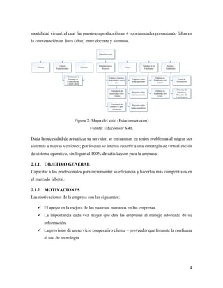 4
modalidad virtual, el cual fue puesto en producción en 4 oportunidades presentando fallas en
la conversación en línea (chat) entre docente y alumnos.
Cursos
Especializados
Carreras
Informaciones y
Reservas
ForosHistoria
Trabajos de los
Estudiantes
Acceso a
Estudiantes
Cursos o Carreras
programadas para el
mes
Formulario de
reserva de Curso/
Carrera
Formulario de
contacto al dpto.
Académico
Preguntas sobre
temas generales
Preguntas sobre
cursos y carreras
Preguntas sobre
temas específicos
Trabajos de
Estudiantes por
Carrera
Trabajos de
Estudiantes por
Curso
Panel de
Información
Descarga de
Prácticas y
Manuales del
Curso/Carrera
Información y
Descarga de
Contenidos de
Curso/Carrera
Educomser.com
Figura 2: Mapa del sitio (Educomser.com)
Fuente: Educomser SRL
Dada la necesidad de actualizar su servidor, se encuentran en serios problemas al migrar sus
sistemas a nuevas versiones; por lo cual se intentó recurrir a una estrategia de virtualización
de sistema operativo, sin lograr el 100% de satisfacción para la empresa.
2.1.1. OBJETIVO GENERAL
Capacitar a los profesionales para incrementar su eficiencia y hacerlos más competitivos en
el mercado laboral.
2.1.2. MOTIVACIONES
Las motivaciones de la empresa son las siguientes:
 El apoyo en la mejora de los recursos humanos en las empresas.
 La importancia cada vez mayor que dan las empresas al manejo adecuado de su
información.
 La provisión de un servicio cooperativo cliente – proveedor que fomente la confianza
al uso de tecnología.
 