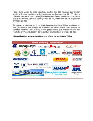 Hacia China desde la costa Atlántica, existen tres (3) navieras que prestan
servicios directos con tiempos de transito que oscilan entre los 35 y 39 días, la
oferta se complementa con ocho (8) navieras que ofrecen servicios con cambio de
buque en Panamá, Jamaica, Japón y Corea del Sur, destinando para el trayecto en
promedio 37 días.

Así mismo, la oferta de servicios desde Buenaventura hacia China, se dividen en
seis (6) navieras que cubren los trayectos en forma directa, con tiempos de
tránsitos cercanos a los 29 días; y once (11) navieras que ofrecen servicios con
recaladas en Panamá, Japón y Corea del Sur, empleando en promedio 33 días.

Líneas Navieras y Consolidadores con oferta de servicios a China


                       Líneas Navieras y Consolidadores
 