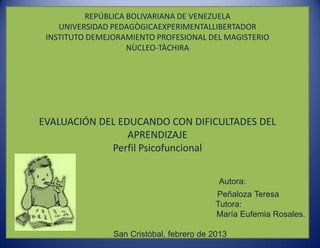 REPÚBLICA BOLIVARIANA DE VENEZUELA
    UNIVERSIDAD PEDAGÒGICAEXPERIMENTALLIBERTADOR
 INSTITUTO DEMEJORAMIENTO PROFESIONAL DEL MAGISTERIO
                    NÙCLEO-TÀCHIRA




EVALUACIÓN DEL EDUCANDO CON DIFICULTADES DEL
                 APRENDIZAJE
             Perfil Psicofuncional


                                           Autora:
                                           Peñaloza Teresa
                                           Tutora:
                                           María Eufemia Rosales.

                San Cristóbal, febrero de 2013
 