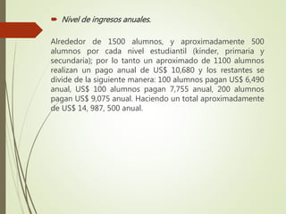  Nivel de ingresos anuales.
Alrededor de 1500 alumnos, y aproximadamente 500
alumnos por cada nivel estudiantil (kínder, primaria y
secundaria); por lo tanto un aproximado de 1100 alumnos
realizan un pago anual de US$ 10,680 y los restantes se
divide de la siguiente manera: 100 alumnos pagan US$ 6,490
anual, US$ 100 alumnos pagan 7,755 anual, 200 alumnos
pagan US$ 9,075 anual. Haciendo un total aproximadamente
de US$ 14, 987, 500 anual.
 