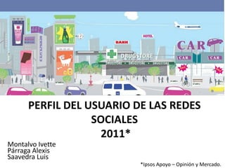 PERFIL DEL USUARIO DE LAS REDES
                  SOCIALES
                   2011*
Montalvo Ivette
Párraga Alexis
Saavedra Luis
                          *Ipsos Apoyo – Opinión y Mercado.
 