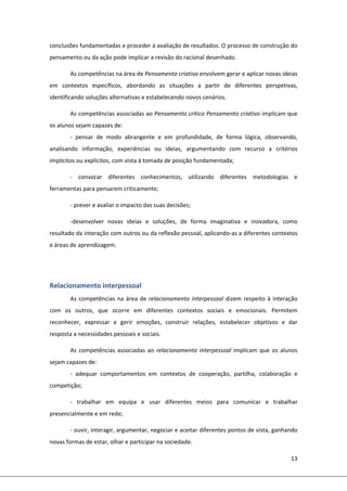 13 
 
conclusões fundamentadas e proceder à avaliação de resultados. O processo de construção do 
pensamento ou da ação pode implicar a revisão do racional desenhado. 
As competências na área de Pensamento criativo envolvem gerar e aplicar novas ideias 
em  contextos  específicos,  abordando  as  situações  a  partir  de  diferentes  perspetivas, 
identificando soluções alternativas e estabelecendo novos cenários. 
As competências associadas ao Pensamento crítico Pensamento criativo implicam que 
os alunos sejam capazes de: 
‐  pensar  de  modo  abrangente  e  em  profundidade,  de  forma  lógica,  observando, 
analisando  informação,  experiências  ou  ideias,  argumentando  com  recurso  a  critérios 
implícitos ou explícitos, com vista à tomada de posição fundamentada; 
‐  convocar  diferentes  conhecimentos,  utilizando  diferentes  metodologias  e 
ferramentas para pensarem criticamente; 
‐ prever e avaliar o impacto das suas decisões; 
‐desenvolver  novas  ideias  e  soluções,  de  forma  imaginativa  e  inovadora,  como 
resultado da interação com outros ou da reflexão pessoal, aplicando‐as a diferentes contextos 
e áreas de aprendizagem. 
 
  
Relacionamento interpessoal  
As competências na área de relacionamento interpessoal dizem respeito à interação 
com  os  outros,  que  ocorre  em  diferentes  contextos  sociais  e  emocionais.  Permitem 
reconhecer,  expressar  e  gerir  emoções,  construir  relações,  estabelecer  objetivos  e  dar 
resposta a necessidades pessoais e sociais. 
As competências associadas ao relacionamento interpessoal implicam que os alunos 
sejam capazes de: 
‐  adequar  comportamentos  em  contextos  de  cooperação,  partilha,  colaboração  e 
competição; 
‐  trabalhar  em  equipa  e  usar  diferentes  meios  para  comunicar  e  trabalhar 
presencialmente e em rede; 
‐ ouvir, interagir, argumentar, negociar e aceitar diferentes pontos de vista, ganhando 
novas formas de estar, olhar e participar na sociedade. 
 