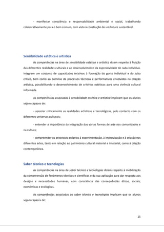 15 
 
‐  manifestar  consciência  e  responsabilidade  ambiental  e  social,  trabalhando 
colaborativamente para o bem comum, com vista à construção de um futuro sustentável. 
 
 
 
 
Sensibilidade estética e artística  
As competências na área de sensibilidade estética e artística dizem respeito à fruição 
das diferentes realidades culturais e ao desenvolvimento da expressividade de cada indivíduo. 
Integram  um  conjunto  de  capacidades  relativas  à  formação  do  gosto  individual  e  do  juízo 
crítico, bem  como ao domínio  de  processos técnicos e performativos envolvidos na  criação 
artística,  possibilitando  o  desenvolvimento  de  critérios  estéticos  para  uma  vivência  cultural 
informada.  
As competências associadas à sensibilidade estética e artística implicam que os alunos 
sejam capazes de: 
‐ apreciar  criticamente as realidades artísticas  e tecnológicas,  pelo contacto  com os 
diferentes universos culturais; 
‐ entender a importância da integração das várias formas de arte nas comunidades e 
na cultura; 
‐ compreender os processos próprios à experimentação, à improvisação e à criação nas 
diferentes artes, tanto em relação ao património cultural material e imaterial, como à criação 
contemporânea. 
 
Saber técnico e tecnologias 
As competências na área de saber técnico e tecnologias dizem respeito à mobilização 
da compreensão de fenómenos técnicos e científicos e da sua aplicação para dar resposta aos 
desejos  e  necessidades  humanas,  com  consciência  das  consequências  éticas,  sociais, 
económicas e ecológicas. 
As  competências  associadas  ao  saber  técnico  e  tecnologias  implicam  que  os  alunos 
sejam capazes de: 
 