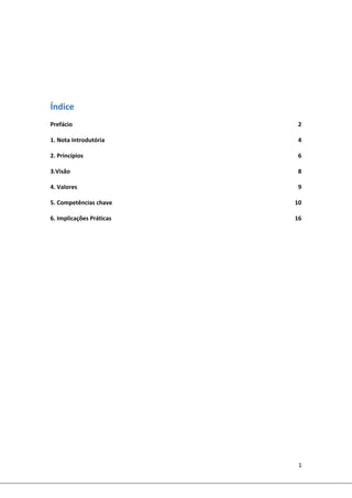 1 
 
 
 
 
Índice 
Prefácio  2 
1. Nota Introdutória  4 
2. Princípios  6 
3.Visão  8 
4. Valores  9 
5. Competências chave  10 
6. Implicações Práticas  16 
 
 
 
 
 
 
 
 
 
 
 
 
 
 
 
 
 
