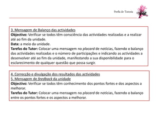 Perfis de Tutoria



3. Mensagem de Balanço das actividades
Objectivo: Verificar se todos têm consciência das actividades realizadas e a realizar
até ao fim da unidade.
Data: a meio da unidade.
Tarefas do Tutor: Colocar uma mensagem no placard de notícias, fazendo o balanço
das actividades realizadas e o número de participações e indicando as actividades a
desenvolver até ao fim da unidade, manifestando a sua disponibilidade para o
esclarecimento de qualquer questão que possa surgir.

4. Correcção e divulgação dos resultados das actividades
5. Mensagem de feedback da unidade
Objectivo: Verificar se todos têm conhecimento dos pontos fortes e dos aspectos a
melhorar.
Tarefas do Tutor: Colocar uma mensagem no placard de notícias, fazendo o balanço
entre os pontos fortes e os aspectos a melhorar.
 