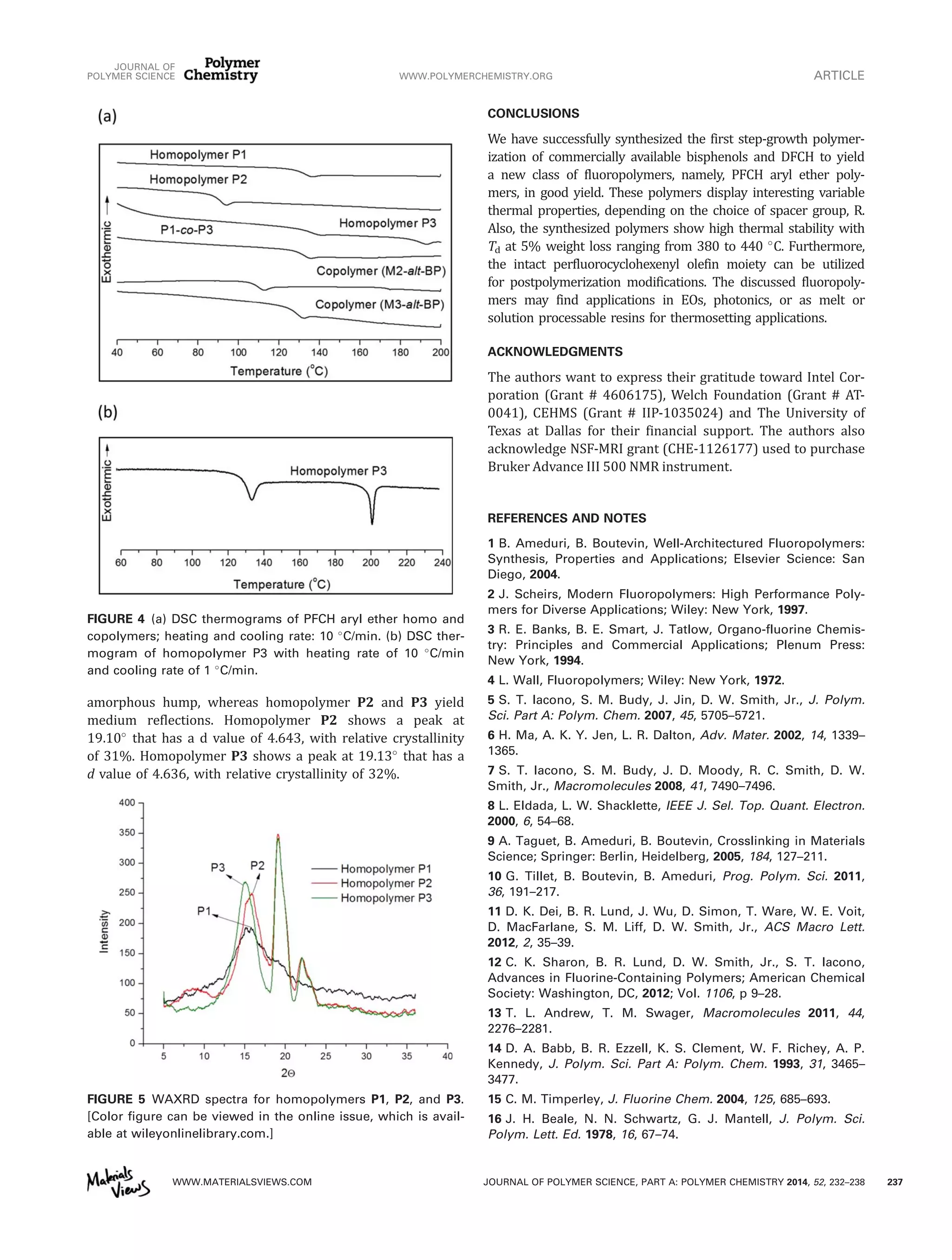 amorphous hump, whereas homopolymer P2 and P3 yield
medium reflections. Homopolymer P2 shows a peak at
19.10
that has a d value of 4.643, with relative crystallinity
of 31%. Homopolymer P3 shows a peak at 19.13
that has a
d value of 4.636, with relative crystallinity of 32%.
CONCLUSIONS
We have successfully synthesized the first step-growth polymer-
ization of commercially available bisphenols and DFCH to yield
a new class of fluoropolymers, namely, PFCH aryl ether poly-
mers, in good yield. These polymers display interesting variable
thermal properties, depending on the choice of spacer group, R.
Also, the synthesized polymers show high thermal stability with
Td at 5% weight loss ranging from 380 to 440 
C. Furthermore,
the intact perfluorocyclohexenyl olefin moiety can be utilized
for postpolymerization modifications. The discussed fluoropoly-
mers may find applications in EOs, photonics, or as melt or
solution processable resins for thermosetting applications.
ACKNOWLEDGMENTS
The authors want to express their gratitude toward Intel Cor-
poration (Grant # 4606175), Welch Foundation (Grant # AT-
0041), CEHMS (Grant # IIP-1035024) and The University of
Texas at Dallas for their financial support. The authors also
acknowledge NSF-MRI grant (CHE-1126177) used to purchase
Bruker Advance III 500 NMR instrument.
REFERENCES AND NOTES
1 B. Ameduri, B. Boutevin, Well-Architectured Fluoropolymers:
Synthesis, Properties and Applications; Elsevier Science: San
Diego, 2004.
2 J. Scheirs, Modern Fluoropolymers: High Performance Poly-
mers for Diverse Applications; Wiley: New York, 1997.
3 R. E. Banks, B. E. Smart, J. Tatlow, Organo-fluorine Chemis-
try: Principles and Commercial Applications; Plenum Press:
New York, 1994.
4 L. Wall, Fluoropolymers; Wiley: New York, 1972.
5 S. T. Iacono, S. M. Budy, J. Jin, D. W. Smith, Jr., J. Polym.
Sci. Part A: Polym. Chem. 2007, 45, 5705–5721.
6 H. Ma, A. K. Y. Jen, L. R. Dalton, Adv. Mater. 2002, 14, 1339–
1365.
7 S. T. Iacono, S. M. Budy, J. D. Moody, R. C. Smith, D. W.
Smith, Jr., Macromolecules 2008, 41, 7490–7496.
8 L. Eldada, L. W. Shacklette, IEEE J. Sel. Top. Quant. Electron.
2000, 6, 54–68.
9 A. Taguet, B. Ameduri, B. Boutevin, Crosslinking in Materials
Science; Springer: Berlin, Heidelberg, 2005, 184, 127–211.
10 G. Tillet, B. Boutevin, B. Ameduri, Prog. Polym. Sci. 2011,
36, 191–217.
11 D. K. Dei, B. R. Lund, J. Wu, D. Simon, T. Ware, W. E. Voit,
D. MacFarlane, S. M. Liff, D. W. Smith, Jr., ACS Macro Lett.
2012, 2, 35–39.
12 C. K. Sharon, B. R. Lund, D. W. Smith, Jr., S. T. Iacono,
Advances in Fluorine-Containing Polymers; American Chemical
Society: Washington, DC, 2012; Vol. 1106, p 9–28.
13 T. L. Andrew, T. M. Swager, Macromolecules 2011, 44,
2276–2281.
14 D. A. Babb, B. R. Ezzell, K. S. Clement, W. F. Richey, A. P.
Kennedy, J. Polym. Sci. Part A: Polym. Chem. 1993, 31, 3465–
3477.
15 C. M. Timperley, J. Fluorine Chem. 2004, 125, 685–693.
16 J. H. Beale, N. N. Schwartz, G. J. Mantell, J. Polym. Sci.
Polym. Lett. Ed. 1978, 16, 67–74.
FIGURE 4 (a) DSC thermograms of PFCH aryl ether homo and
copolymers; heating and cooling rate: 10 
C/min. (b) DSC ther-
mogram of homopolymer P3 with heating rate of 10 
C/min
and cooling rate of 1 
C/min.
FIGURE 5 WAXRD spectra for homopolymers P1, P2, and P3.
[Color figure can be viewed in the online issue, which is avail-
able at wileyonlinelibrary.com.]
JOURNAL OF
POLYMER SCIENCE WWW.POLYMERCHEMISTRY.ORG ARTICLE
WWW.MATERIALSVIEWS.COM JOURNAL OF POLYMER SCIENCE, PART A: POLYMER CHEMISTRY 2014, 52, 232–238 237
 