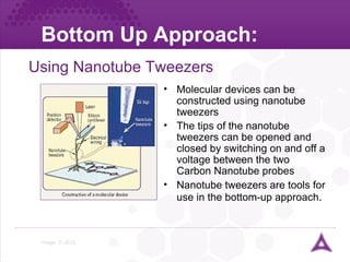 Bottom Up Approach: Using Nanotube Tweezers Molecular devices can be constructed using nanotube tweezers The tips of the nanotube tweezers can be opened and closed by switching on and off a voltage between the two Carbon Nanotube probes  Nanotube tweezers are tools for use in the bottom-up approach . Image: © JEOL 