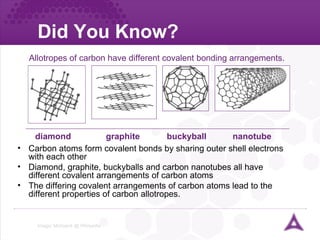 Did You Know? Allotropes of carbon have different covalent bonding arrangements. Image:  Mstroeck  @  Wikipedia   diamond graphite buckyball nanotube Carbon atoms form covalent bonds by sharing outer shell electrons with each other Diamond, graphite, buckyballs and carbon nanotubes all have different covalent arrangements of carbon atoms  The differing covalent arrangements of carbon atoms lead to the different properties of carbon allotropes. 