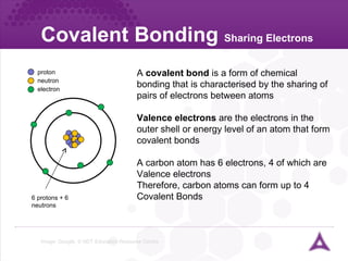 Covalent Bonding   Sharing Electrons Image:  Google,  © NDT Education Resource Centre A  covalent bond  is a form of chemical bonding that is characterised by the sharing of pairs of electrons between atoms Valence electrons  are the electrons in the outer shell or energy level of an atom that form covalent bonds  A carbon atom has 6 electrons, 4 of which are Valence electrons Therefore, carbon atoms can form up to 4 Covalent Bonds 6 protons + 6 neutrons proton neutron electron 