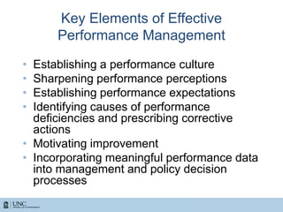 Key Elements of Effective
Performance Management
• Establishing a performance culture
• Sharpening performance perceptions
• Establishing performance expectations
• Identifying causes of performance
deficiencies and prescribing corrective
actions
• Motivating improvement
• Incorporating meaningful performance data
into management and policy decision
processes
 