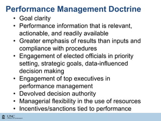 Performance Management Doctrine
• Goal clarity
• Performance information that is relevant,
actionable, and readily available
• Greater emphasis of results than inputs and
compliance with procedures
• Engagement of elected officials in priority
setting, strategic goals, data-influenced
decision making
• Engagement of top executives in
performance management
• Devolved decision authority
• Managerial flexibility in the use of resources
• Incentives/sanctions tied to performance
 