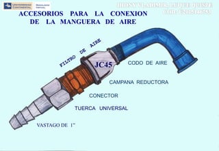 ACCESORIOS PARA LA CONEXION
DE LA MANGUERA DE AIRE
CODO DE AIRE
CAMPANA REDUCTORA
TUERCA UNIVERSAL
VASTAGO DE 1”
CONECTOR
JC45
 