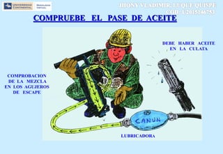COMPRUEBE EL PASE DE ACEITE
DEBE HABER ACEITE
EN LA CULATA
COMPROBACION
DE LA MEZCLA
EN LOS AGUJEROS
DE ESCAPE
LUBRICADORA
 