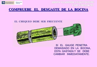 COMPRUEBE EL DESGASTE DE LA BOCINA
SI EL GAUGE PENETRA
DEMASIADO EN LA BOCINA,
ESTA GASTADA Y SE DEBE
CAMBIAR INMEDIATAMENTE.
EL CHEQUEO DEBE SER FRECUENTE
 