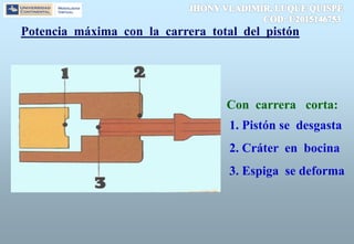 Potencia máxima con la carrera total del pistón
Con carrera corta:
1. Pistón se desgasta
2. Cráter en bocina
3. Espiga se deforma
 