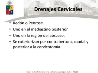 Drenajes Cervicales
• Redón o Penrose.
• Uno en el mediastino posterior.
• Uno en la región del absceso.
• Se exteriorizan por contrabertura, caudal y
posterior a la cervicotomía.
Rosiere A, et al. Tratamiento de las perforaciones esofágicas. EMC. E – 40-220.
 