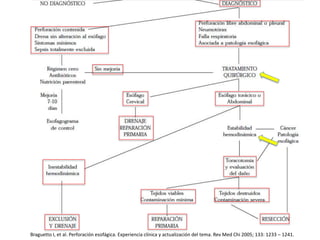 Manejo
Braguetto I, et al. Perforación esofágica. Experiencia clínica y actualización del tema. Rev Med Chi 2005; 133: 1233 – 1241.
 