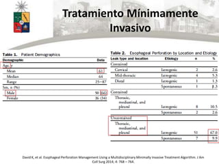 Tratamiento Mínimamente
Invasivo
David K, et al. Esophageal Perforation Management Using a Multidisciplinary Minimally Invasive Treatment Algorithm. J Am
Coll Surg 2014; 4: 768 – 764.
 