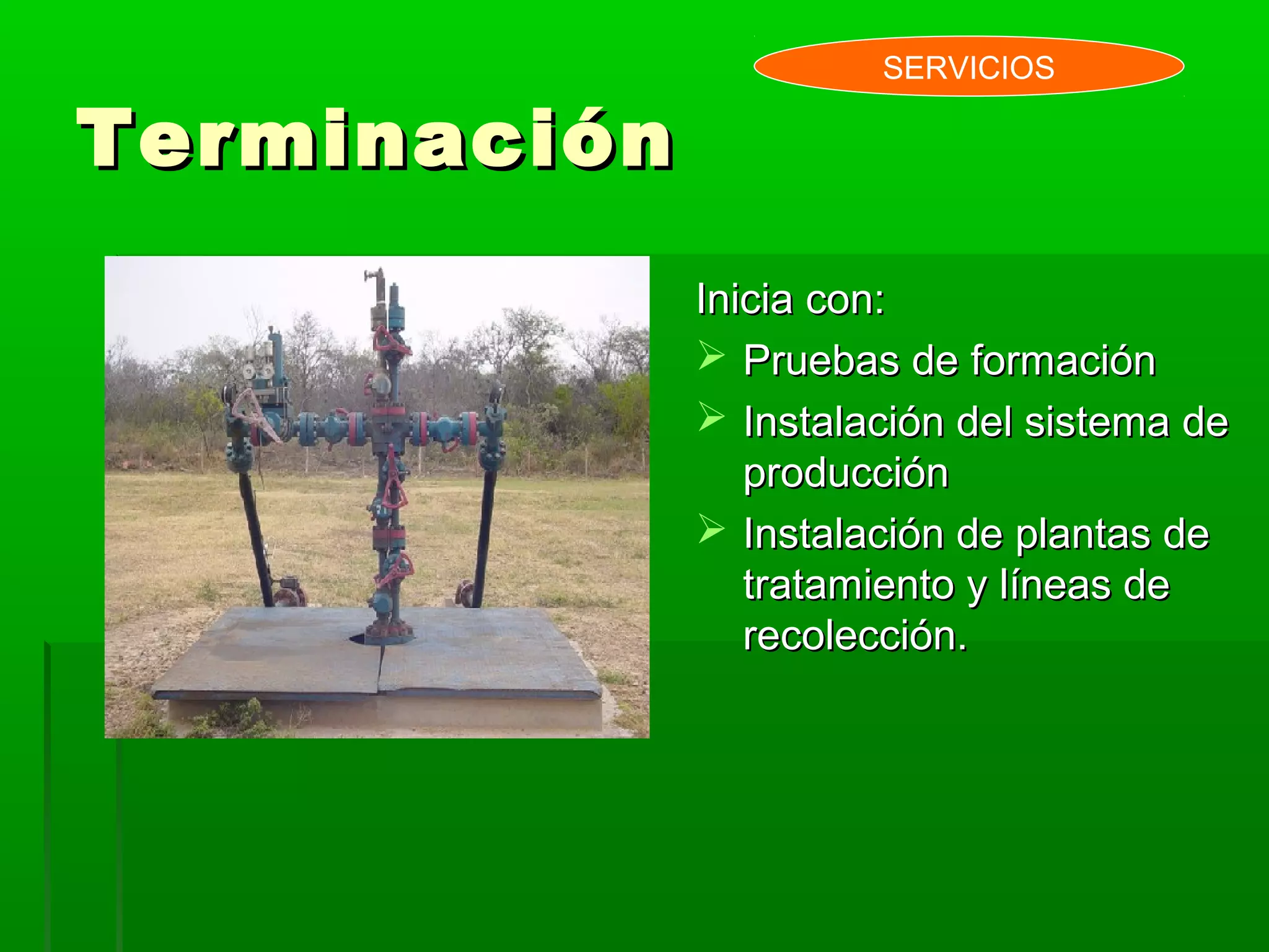TerminaciónTerminación
Inicia con:Inicia con:
 Pruebas de formaciónPruebas de formación
 Instalación del sistema deInstalación del sistema de
producciónproducción
 Instalación de plantas deInstalación de plantas de
tratamiento y líneas detratamiento y líneas de
recolección.recolección.
SERVICIOS
 