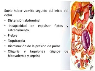Suele haber vomito seguido del inicio del
dolor.
• Distensión abdominal
• Incapacidad de expulsar flatos y
estreñimiento.
• Fiebre
• Taquicardia
• Disminución de la presión de pulso
• Oliguria y taquipnea (signos de
hipovolemia y sepsis)
 
