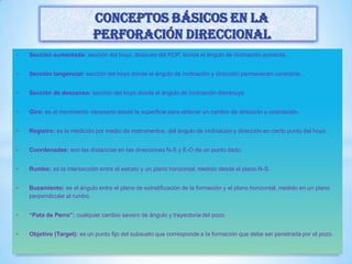 - Sección aumentada: sección del hoyo, después del KOP, donde el ángulo de inclinación aumenta.
- Sección tangencial: sección del hoyo donde el ángulo de inclinación y dirección permanecen constante.
- Sección de descenso: sección del hoyo donde el ángulo de inclinación disminuye.
- Giro: es el movimiento necesario desde la superficie para obtener un cambio de dirección u orientación.
- Registro: es la medición por medio de instrumentos, del ángulo de inclinación y dirección en cierto punto del hoyo.
- Coordenadas: son las distancias en las direcciones N-S y E-O de un punto dado.
- Rumbo: es la intersección entre el estrato y un plano horizontal, medido desde el plano N-S.
- Buzamiento: es el ángulo entre el plano de estratificación de la formación y el plano horizontal, medido en un plano
perpendicular al rumbo.
- “Pata de Perro”: cualquier cambio severo de ángulo y trayectoria del pozo.
- Objetivo (Target): es un punto fijo del subsuelo que corresponde a la formación que debe ser penetrada por el pozo.
Conceptos básicos en la
perforación direccional
 
