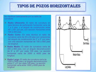 Se clasifican básicamente por su radio de
curvatura:
 Radio Ultracorto: El radio de curvatura en
esta técnica de perforación horizontal varía de
1 a 2 pies, y el ángulo de construcción entre
45° y 60° por pie, con sección Horizontal entre
100 a 200 pies.
 Radio Corto: En esta técnica el radio de
curvatura varía de 20 a 40 pies con variaciones
del ángulo de construcción de 2° a 5° por pies,
con una sección horizontal de 100 a 800 pies
de longitud.
 Radio Medio: El radio de curvatura varía de
300 a 800 pies, con un ángulo deconstrucción
de 6° a 20° por cada 100 pies. La sección
horizontal varía de 2000 a 4000 pies de
longitud.
 Radio Largo: El radio de curvatura varía de
1000 a 3000 pies y el ángulo deconstrucción
entre 2° y 6° por cada 100 pies. La sección
horizontal varía entre 1000 y 4000 pies de
longitud
Tipos de pozos horizontales
 
