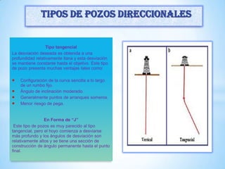 Tipo tangencial
La desviación deseada es obtenida a una
profundidad relativamente llana y esta desviación
se mantiene constante hasta el objetivo. Este tipo
de pozo presenta muchas ventajas tales como:
 Configuración de la curva sencilla a lo largo
de un rumbo fijo.
 Ángulo de inclinación moderado.
 Generalmente puntos de arranques someros.
 Menor riesgo de pega.
En Forma de “J”
Este tipo de pozos es muy parecido al tipo
tangencial, pero el hoyo comienza a desviarse
más profundo y los ángulos de desviación son
relativamente altos y se tiene una sección de
construcción de ángulo permanente hasta el punto
final.
Tipos de pozos direccionales
 