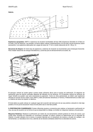 GRUPO LyOs Razel Fierro C.
Galería.
Explosivos apropiados: ANFO o explosivos de emulsión bombeables del tipo SSE (Explosivos Sensible en el Sitio) en
el cuele y tiros de destroza. Las paredes y el techo deben volarse cuidadosamente a fin de evitar roturas excesivas (sobre
excavación). Los explosivos adecuados son cargas de tubos de 17 mm o cordón detonante de 40 - 80 gr. /m.
Secuencia de disparo: El mismo tipo de explosivos y sistemas de iniciación se recomiendan para el banqueo horizontal.
Para instalar estaciones de energía hidroeléctrica y cavernas para el almacenamiento de aceite, etc.
El banqueo vertical se puede aplicar cuando existe suficiente altura para el equipo de perforación. El diagrama de
perforación para los bancos verticales depende del diámetro de los barrenos. En el banqueo vertical los barrenos de
mayor tamaño se pueden usar para economizar la operación. Como en otras operaciones, se deben usar explosivos
eficaces en función de los costos como ANFO y SSE (Emulsiones Sensitivas al Terreno). Preferentemente se debe usar
un sistema de tubos de impacto no eléctrico.
El túnel piloto se puede colocar en cualquier lugar de la sección del túnel pero tal vez sea práctico colocarlo lo más bajo
posible a fin de que la excavación hacia el túnel piloto sea lo más fácil posible.
6.-PERFORACION O BARRENADO: Existen diferentes equipos y accesorios para realizar un barrenado o perforación en
roca, las que de acuerdo con la forma en que se desarrollan su trabajo, se dividen en máquinas rotativas y de percusión.
Maquinas Rotativas: Realizan la perforación por medio de una herramienta cortante giratoria en forma de corona, que
puede estar revestida de materiales en movimiento granallas. El efecto cortante es determinado por la velocidad de
rotación, el poder abrasivo de la corona, la presión ejercida por el mecanismo de avance y el peso de varillaje y de
herramientas. La naturaleza de la roca, además de los factores señalados determina la velocidad de avance.
 