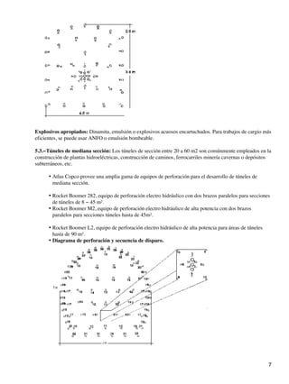 Explosivos apropiados: Dinamita, emulsión o explosivos acuosos encartuchados. Para trabajos de cargio más
eficientes, se puede usar ANFO o emulsión bombeable.
5.3.−Túneles de mediana sección: Los túneles de sección entre 20 a 60 m2 son comúnmente empleados en la
construcción de plantas hidroeléctricas, construcción de caminos, ferrocarriles minería cavernas o depósitos
subterráneos, etc.
Atlas Copco provee una amplia gama de equipos de perforación para el desarrollo de túneles de
mediana sección.
•
Rocket Boomer 282, equipo de perforación electro hidráulico con dos brazos paralelos para secciones
de túneles de 8 − 45 m².
•
Rocket Boomer M2, equipo de perforación electro hidráulico de alta potencia con dos brazos
paralelos para secciones túneles hasta de 45m².
•
Rocket Boomer L2, equipo de perforación electro hidráulico de alta potencia para áreas de túneles
hasta de 90 m².
•
Diagrama de perforación y secuencia de disparo.
•
7
 