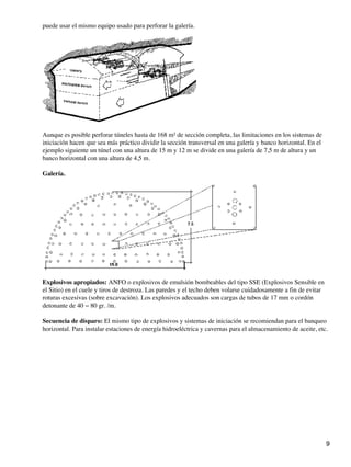 puede usar el mismo equipo usado para perforar la galería.
Aunque es posible perforar túneles hasta de 168 m² de sección completa, las limitaciones en los sistemas de
iniciación hacen que sea más práctico dividir la sección transversal en una galería y banco horizontal. En el
ejemplo siguiente un túnel con una altura de 15 m y 12 m se divide en una galería de 7,5 m de altura y un
banco horizontal con una altura de 4,5 m.
Galería.
Explosivos apropiados: ANFO o explosivos de emulsión bombeables del tipo SSE (Explosivos Sensible en
el Sitio) en el cuele y tiros de destroza. Las paredes y el techo deben volarse cuidadosamente a fin de evitar
roturas excesivas (sobre excavación). Los explosivos adecuados son cargas de tubos de 17 mm o cordón
detonante de 40 − 80 gr. /m.
Secuencia de disparo: El mismo tipo de explosivos y sistemas de iniciación se recomiendan para el banqueo
horizontal. Para instalar estaciones de energía hidroeléctrica y cavernas para el almacenamiento de aceite, etc.
9
 