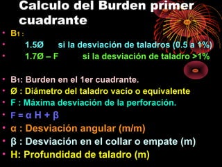 Calculo del Burden primer
cuadrante
• B1 :
• 1.5Ø si la desviación de taladros (0.5 a 1%)
• 1.7Ø – F si la desviación de taladro >1%
• B1: Burden en el 1er cuadrante.
• Ø : Diámetro del taladro vacío o equivalente
• F : Máxima desviación de la perforación.
• F = α H + β
• α : Desviación angular (m/m)
• β : Desviación en el collar o empate (m)
• H: Profundidad de taladro (m)
 