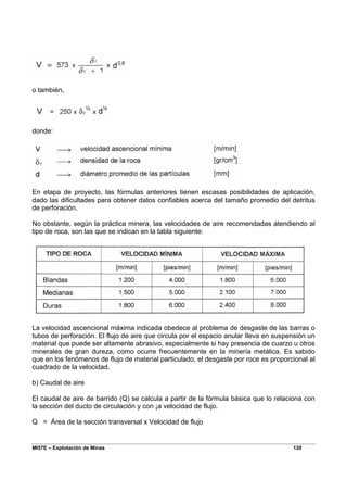 MI57E – Explotación de Minas 120
o también,
donde:
En etapa de proyecto, las fórmulas anteriores tienen escasas posibilidades de aplicación,
dado las dificultades para obtener datos confiables acerca del tamaño promedio del detritus
de perforación.
No obstante, según la práctica minera, las velocidades de aire recomendadas atendiendo al
tipo de roca, son las que se indican en la tabla siguiente:
La velocidad ascencional máxima indicada obedece al problema de desgaste de las barras o
tubos de perforación. El flujo de aire que circula por el espacio anular Ileva en suspensión un
material que puede ser altamente abrasivo, especialmente si hay presencia de cuarzo u otros
minerales de gran dureza, como ocurre frecuentemente en la minería metálica. Es sabido
que en los fenómenos de flujo de material particulado, el desgaste por roce es proporcional al
cuadrado de la velocidad.
b) Caudal de aire
El caudal de aire de barrido (Q) se calcula a partir de la fórmula básica que lo relaciona con
la sección del ducto de circulación y con ¡a velocidad de flujo.
Q = Área de la sección transversal x Velocidad de flujo
 