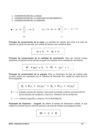 MI57E – Explotación de Minas 137
• CONSERVACIÓN DE LA MASA
• CONSERVACIÓN DE LA CANTIDAD DE MOVIMIENTO
• CONSERVACIÓN DE LA ENERGÍA
Principio de conservación de la masa: La cantidad de materia que entra a la zona de
reacción es igual a la que sale, por unidad de tiempo y por unidad de área
Principio de conservación de la cantidad de movimiento: Para las mismas masas
anteriores, el impulso de las fuerzas es igual a la variación de la cantidad de movimiento.
Principio de conservación de la energía: Para un fenómeno de flujo de materia este
principio puede ser expresado por el Teorema de Bernoulli. Por unidad de masa toma la
forma siguiente:
Postulado de Chapman – Jouguet: Se refiere al estado de detonación estable, lo que
implica la condición que la reacción química y la onda de choque se propaguen juntas.
 