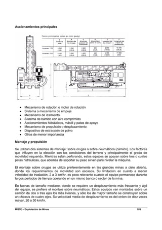 MI57E – Explotación de Minas 109
Accionamientos principales
• Mecanismo de rotación o motor de rotación
• Sistema o mecanismo de empuje
• Mecanismo de izamiento
• Sistema de barrido con aire comprimido
• Accionamientos hidráulicos, mástil y patas de apoyo
• Mecanismo de propulsión o desplazamiento
• Dispositivo de extracción de polvo
• Otros de menor importancia
Montaje y propulsión
Se utilizan dos sistemas de montaje: sobre orugas o sobre neumáticos (camión). Los factores
que influyen en la elección son las condiciones del terreno y principalmente el grado de
movilidad requerido. Mientras están perforando, estos equipos se apoyan sobre tres o cuatro
patas hidráulicas, que además de soportar su peso sirven para nivelar la máquina.
El montaje sobre orugas se utiliza preferentemente en las grandes minas a cielo abierto,
donde los requerimientos de movilidad son escasos. Su limitación en cuanto a menor
velocidad de traslación, 2 a 3 km/hr, es poco relevante cuando el equipo permanece durante
largos períodos de tiempo operando en un mismo banco o sector de la mina.
En faenas de tamaño mediano, donde se requiere un desplazamiento más frecuente y ágil
del equipo, se prefiere el montaje sobre neumáticos. Estos equipos van montados sobre un
camión de dos o tres ejes los más livianos, y sólo los de mayor tamaño se construyen sobre
un chassis de cuatro ejes. Su velocidad media de desplazamiento es del orden de diez veces
mayor, 20 a 30 km/hr.
 