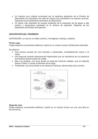 MI57E – Explotación de Minas 172
• Un impacto muy violento provocado por la repentina aplicación de la Presión de
Detonación (P2) asociada a la onda de choque que acompaña a la reacción química.
Depende de los parámetros del Estado de Detonación.
• Un efecto más retardado de empuje resultante de la expansión de los gases a alta
presión y temperatura presentes en la cámara de explosión. Depende de los
parámetros del Estado de Explosión.
DESCRIPCIÓN DEL FENÓMENO
SUPOSICIÓN: La roca es un sólido continuo, homogéneo, isótropo y elástico.
Primer caso
Carga explosiva concentrada (esférica), inserta en un macizo rocoso infinitamente extendido.
Se observa:
• Una primera aureola de roca triturada o pulverizada, inmediatamente vecina a la
carga.
• Una segunda aureola intensamente fragmentada que se caracteriza por la presencia
de fracturas entrecruzadas de cizalle.
• Más a la periferia, una zona donde se observan fracturas radiales, que se extiende
desde 4 hasta 12 veces el diámetro de la carga.
• Finalmente, una zona donde no se observan fracturas, denominada zona sísmica.
Segundo caso
Carga explosiva concentrada (esférica), inserta en un macizo rocoso con una cara libre en
las cercanías.
 