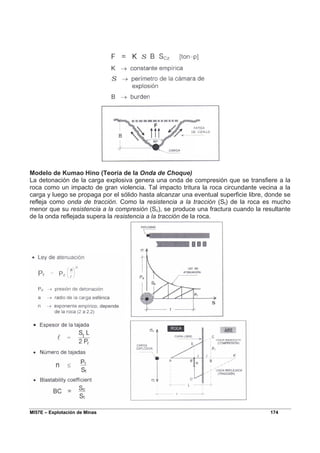 MI57E – Explotación de Minas 174
Modelo de Kumao Hino (Teoría de la Onda de Choque)
La detonación de la carga explosiva genera una onda de compresión que se transfiere a la
roca como un impacto de gran violencia. Tal impacto tritura la roca circundante vecina a la
carga y luego se propaga por el sólido hasta alcanzar una eventual superficie libre, donde se
refleja como onda de tracción. Como la resistencia a la tracción (St) de la roca es mucho
menor que su resistencia a la compresión (Sc), se produce una fractura cuando la resultante
de la onda reflejada supera la resistencia a la tracción de la roca.
 