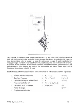 MI57E – Explotación de Minas 176
Según Cook, la mayor parte de la energía liberada por la reacción química se transfiere a la
roca por efecto de la presión sostenida de los gases en la cámara de explosión. La masa de
roca comprendida entre la carga y la cara libre almacena energía de deformación (strain
energy). Luego, cuando la roca cede finalmente, debilitada por el pre-fracturamiento anterior,
la presión de los gases en la cámara de explosión decae bruscamente, produciéndose una
descompresión muy violenta. La energía de deformación se libera, dando lugar así al
fenómeno denominado estallido de roca.
Los factores que Melvin Cook identifica como relevantes en este proceso, son los siguientes:
 